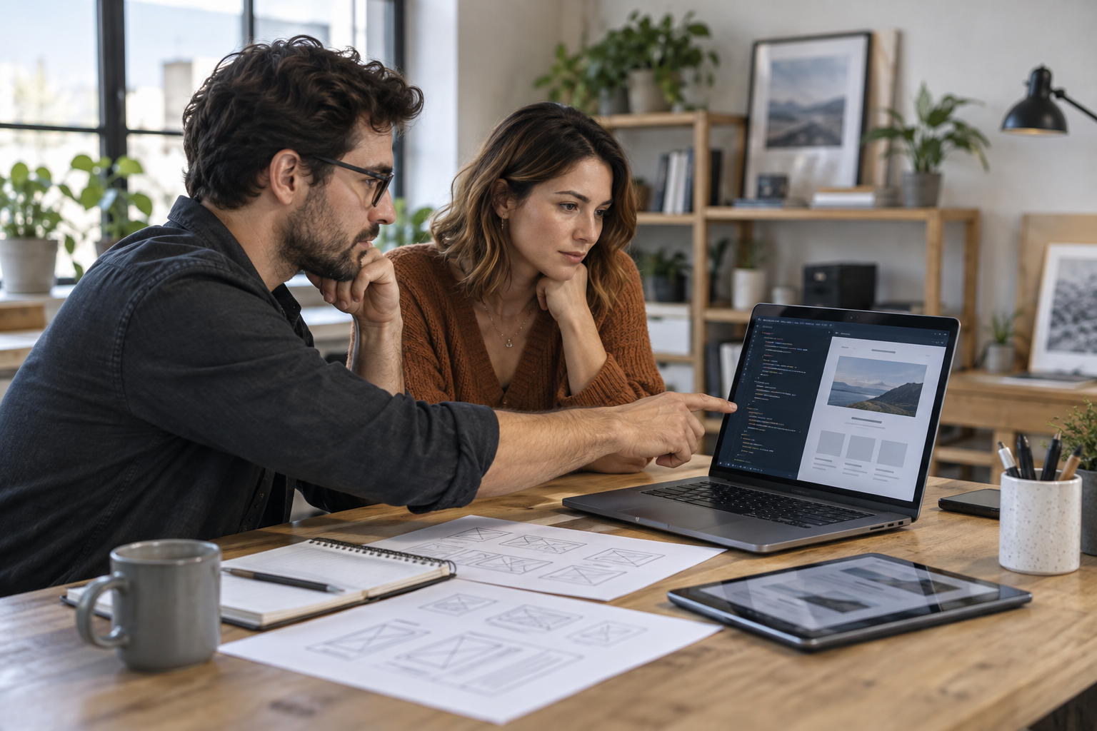 Developer and business owner reviewing a custom WordPress website feature