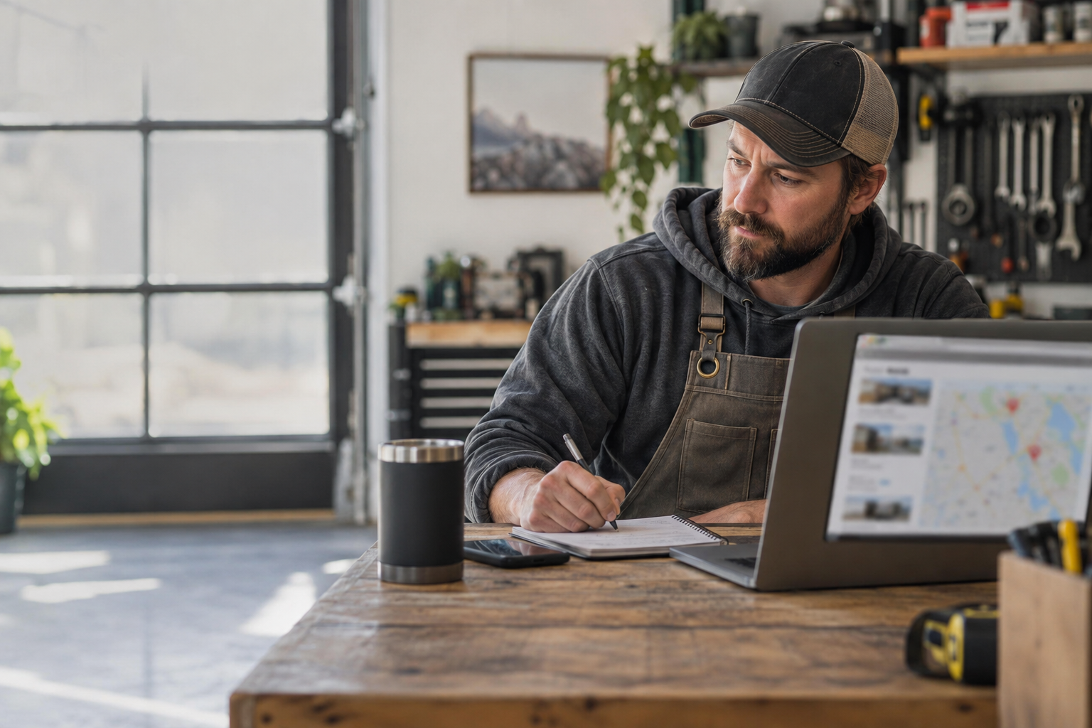Service business owner reviewing a local map listing on a laptop