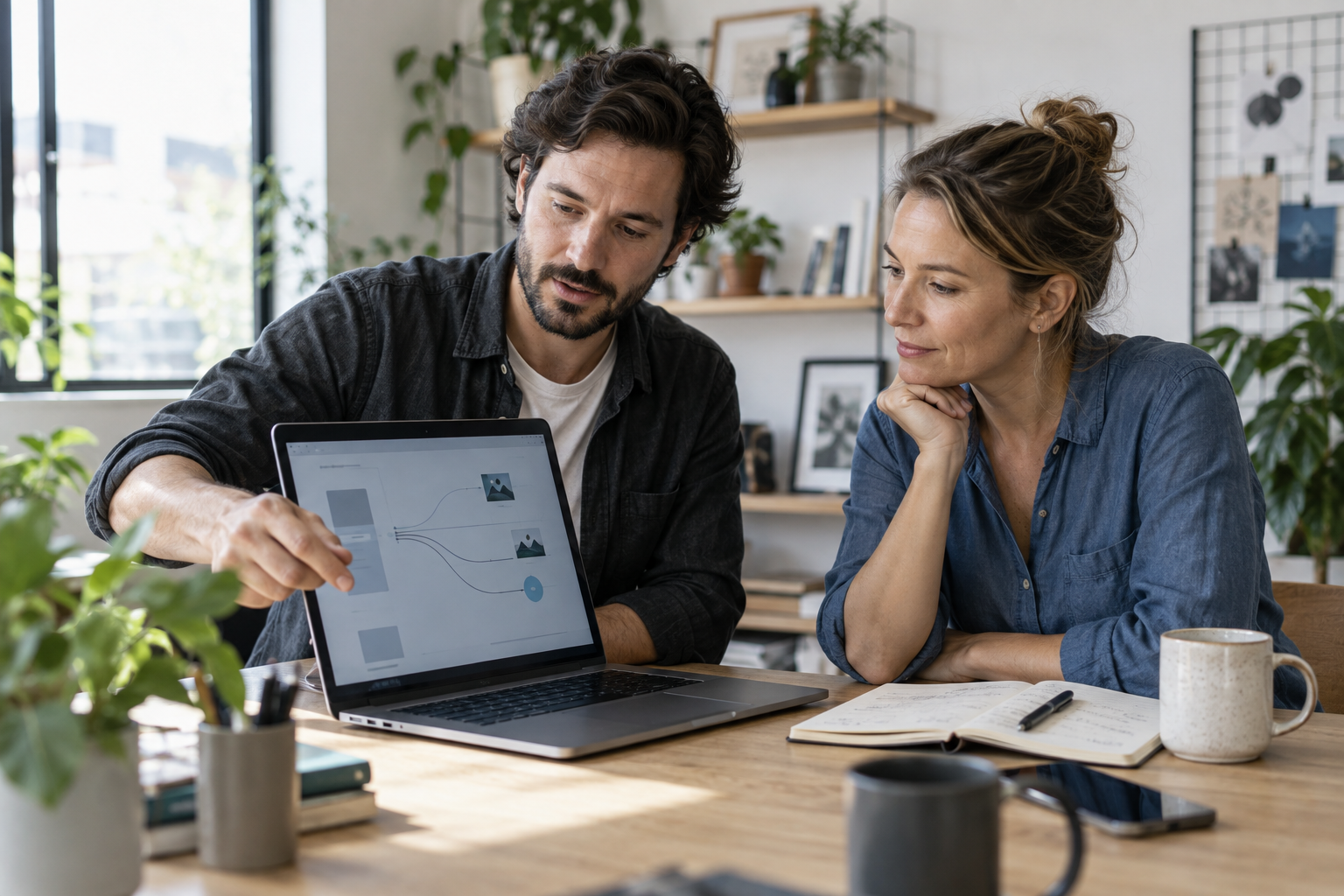 Freelancer reviewing a practical AI website workflow with a small business owner